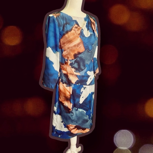 NWOT Vince Camuto Blue & Copper Abstract Watercolor Print Pleated Shift Dress 8 - Picture 12 of 15